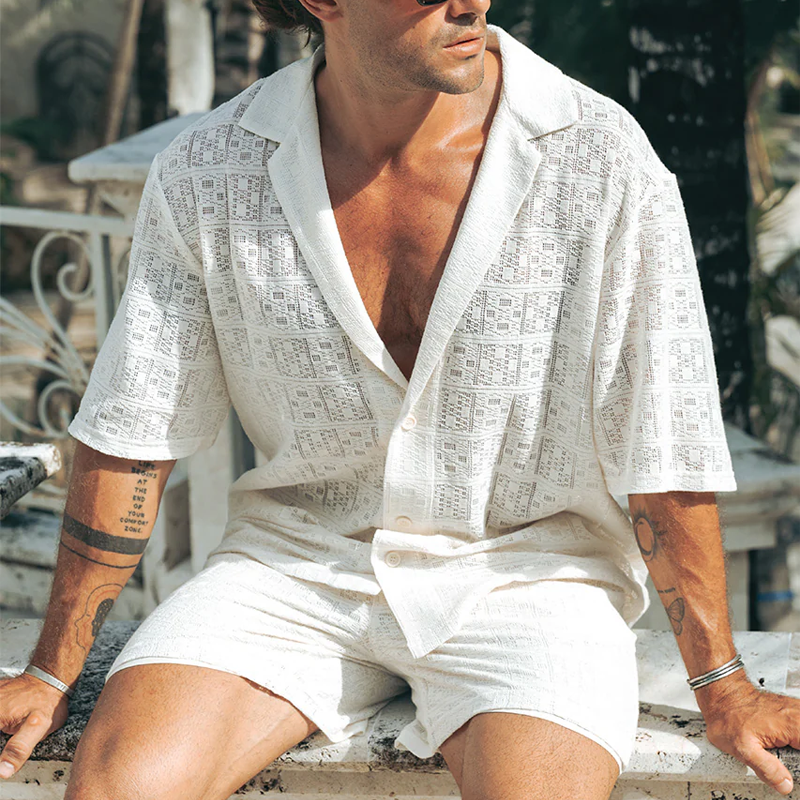 Men's Spring And Summer Fashion Casual Lace Sexy Micro-transparent Short-sleeved Shirt Shorts Set MTA0928G0K