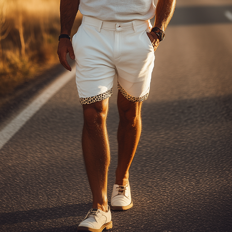 Men's Spring And Summer Casual Fashion Cotton Blended Trouser Leg Stitching Leopard Print Shorts MTA1302E0K