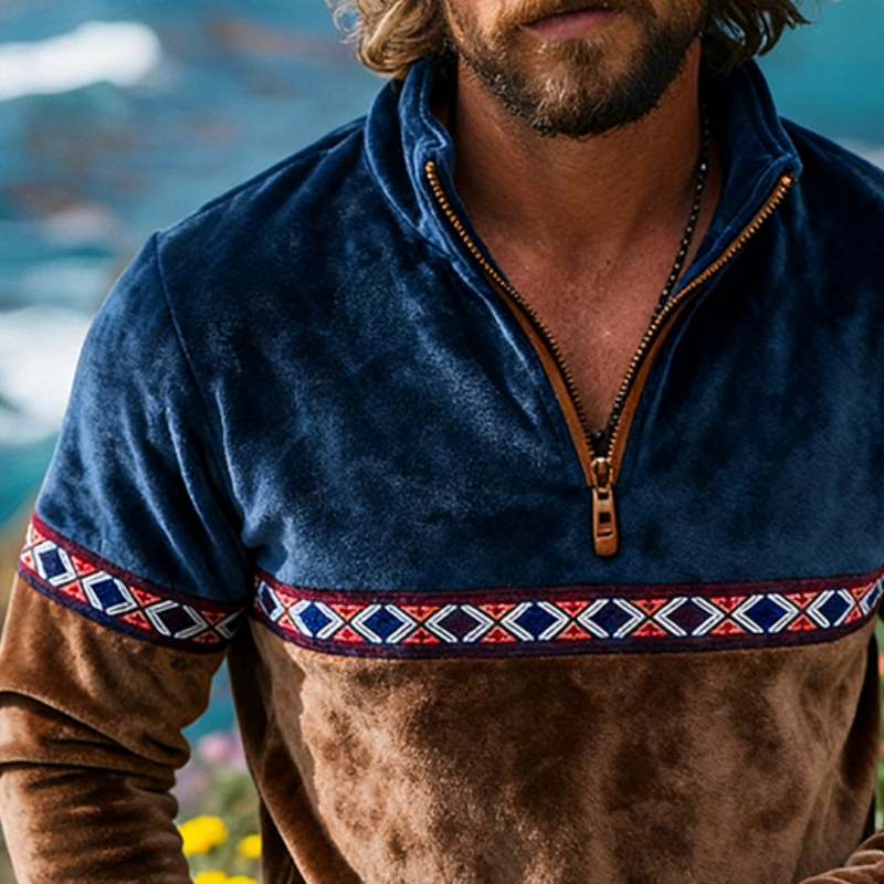 Men's Retro Casual Velvet Stitching Zipper Stand Collar Sweatshirt MTA1569J8TO