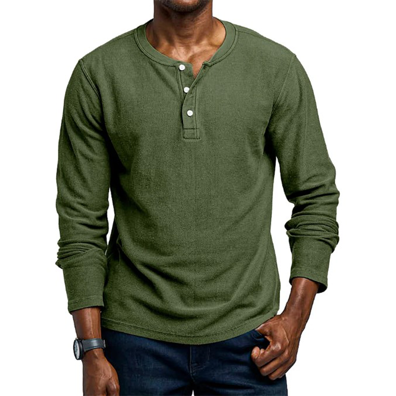 Men's Knitted Elastic Cotton And Linen Long-Sleeved Henley Shirt MTA3007G5P