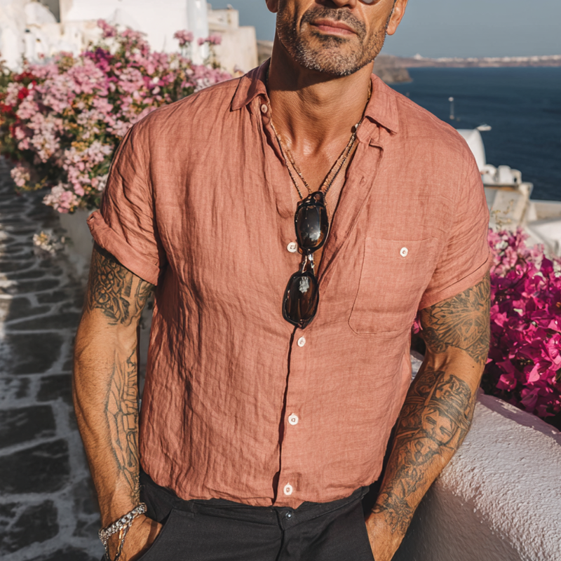 Men's Solid Color Cotton And Linen Blended Lapel Short-sleeved Shirt MTA1722G3X