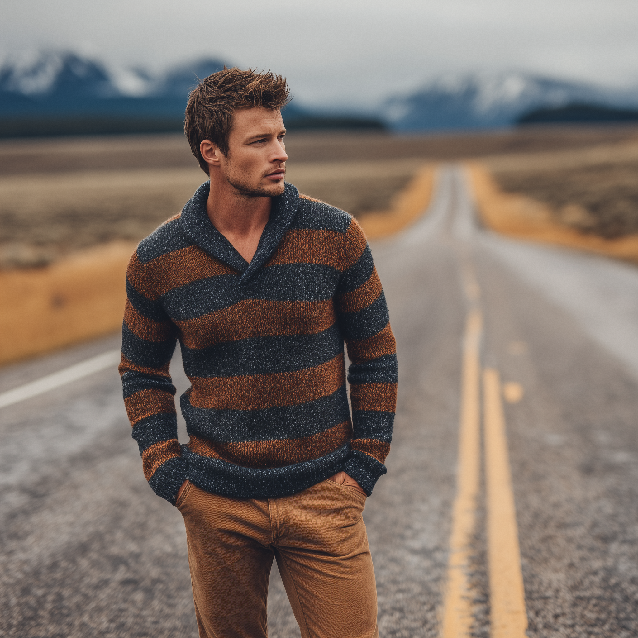 Men's Classic Casual V-neck Contrast Striped Slim-fit Sweater MTA3077H8K