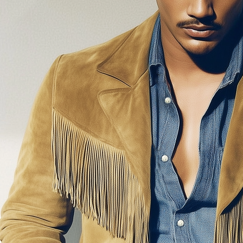 Men's Western Style Notched Lapel Fringe Suede Jacket MTA2602H8U