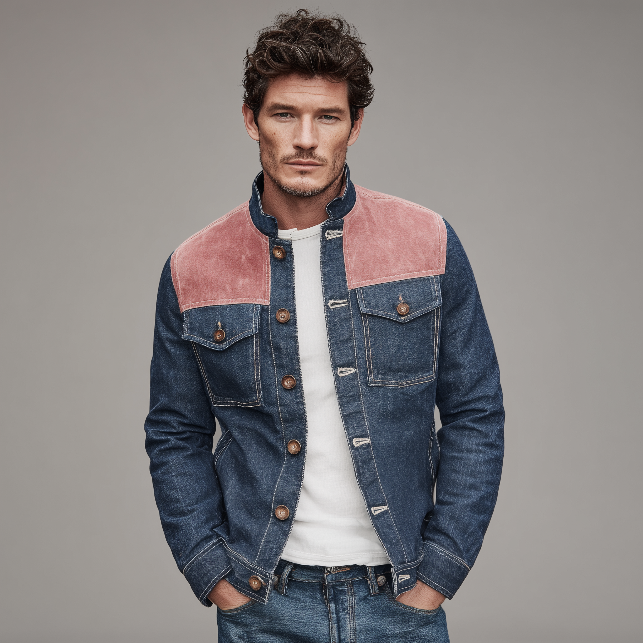 Men's Classic Casual Denim And Pink Suede Stand-up Collar Jacket MTA2657H7K