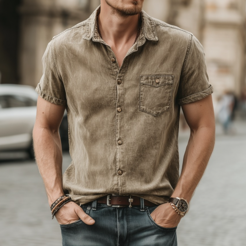 Men's Casual Outdoor Denim Washed Distressed Lapel Patch Pocket Slim Fit Short-sleeved Shirt MTA2111F7M