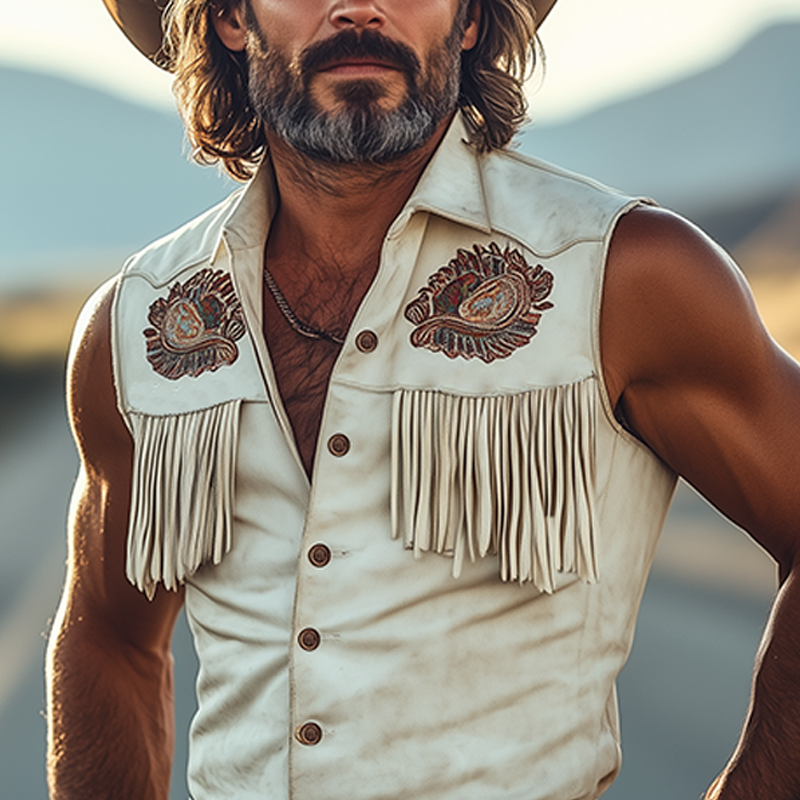 Men's Spring And Summer Fashion Retro Western Cowboy Style Tough Guy Thin Suede Embroidered Tassel Slim Sleeveless Shirt MTA1558E7K