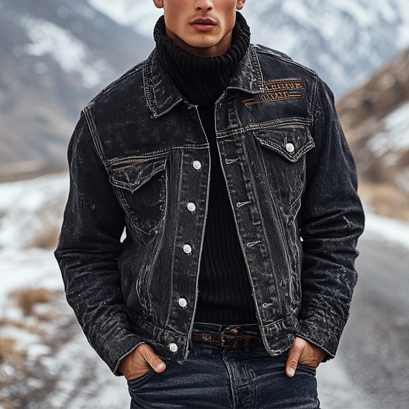 Men's Retro Washed Embroidered Collar Denim Jacket MTA0376K1X