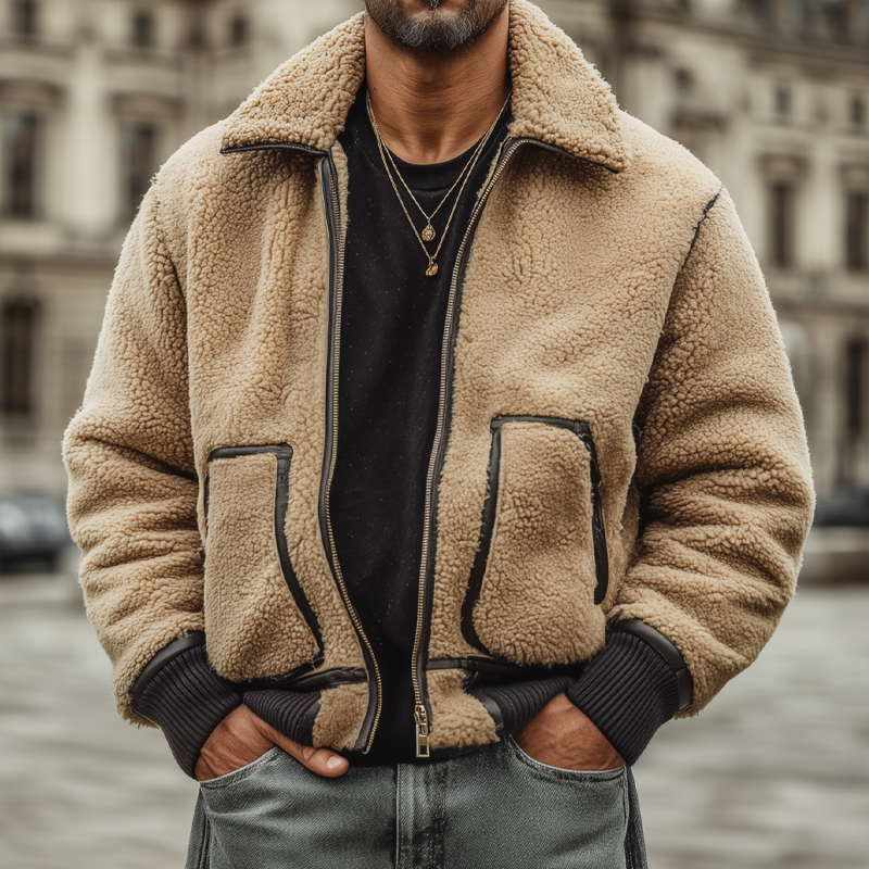 Men's Winter Urban Camel-colored Faux Lamb Wool Zip-up Jacket MTA1148K6U