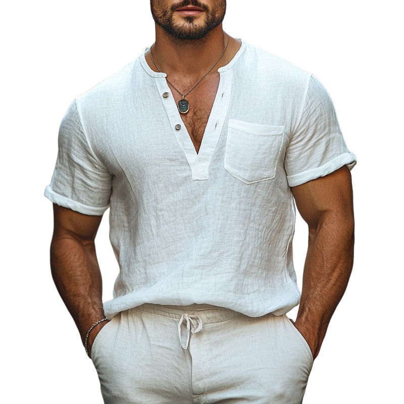 Men's Cotton and Linen V-Neck Pullover Short Sleeve T-Shirt MTA2780D4X
