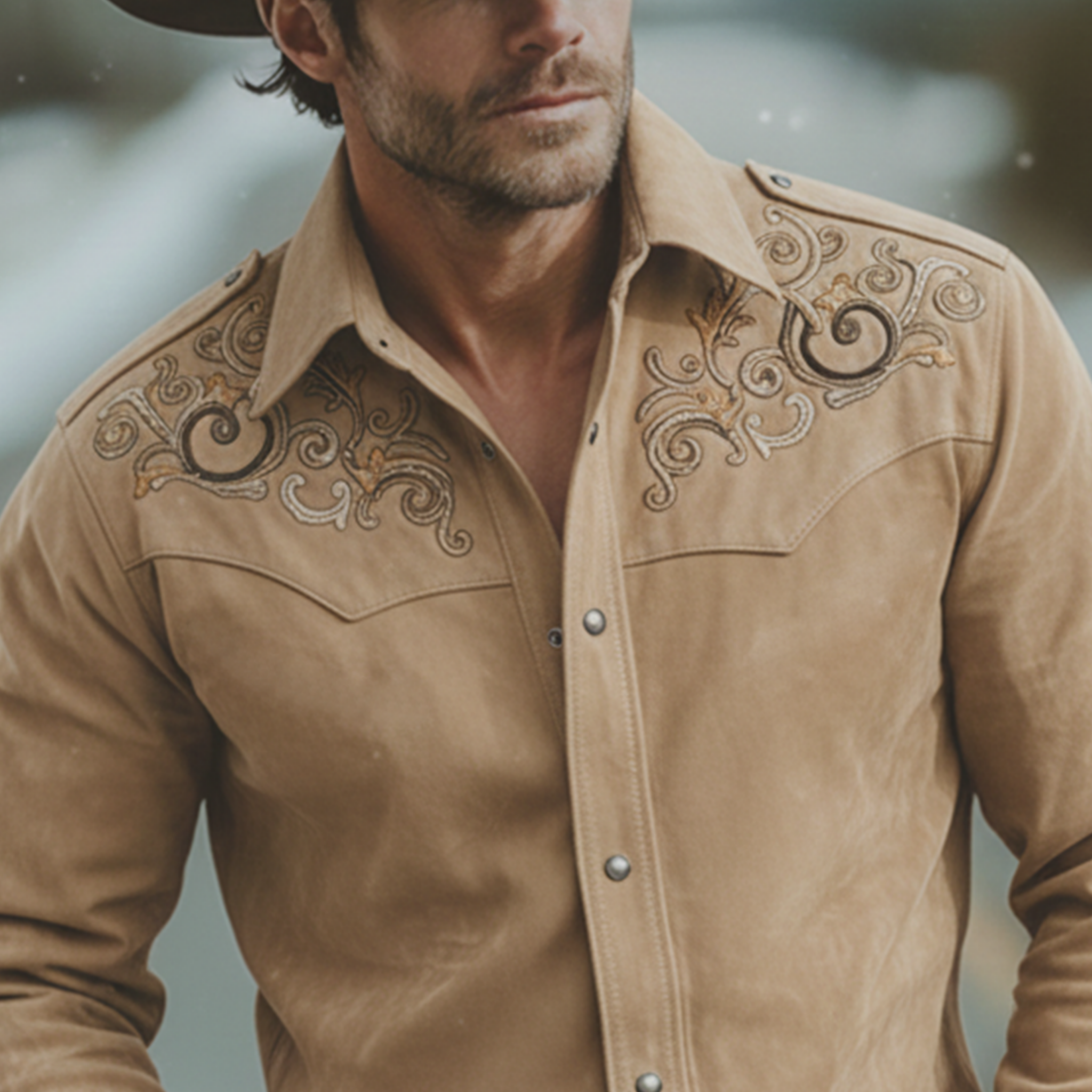 Men's Classic Retro Western Style Embroidered Faux Suede Long-sleeved Shirt MTA1767K4K