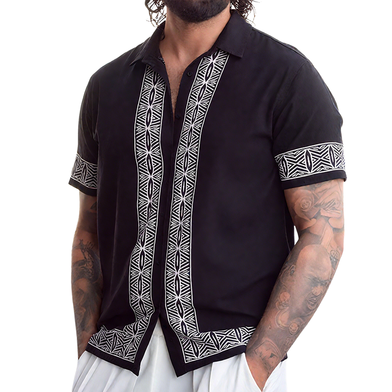 Men's Retro Casual Street Geometric Print Lapel Short Sleeve Shirt MTA2314G8TO