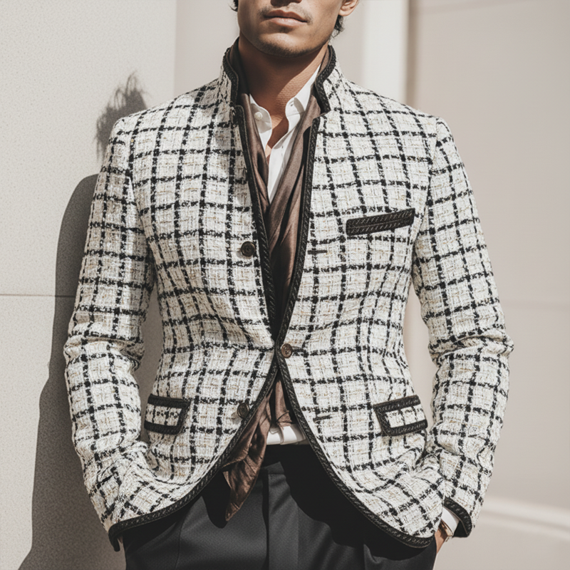 Men's Chanel-style Textured Stand-collar Button-up Slim-fit Jacket MTA2582K1U