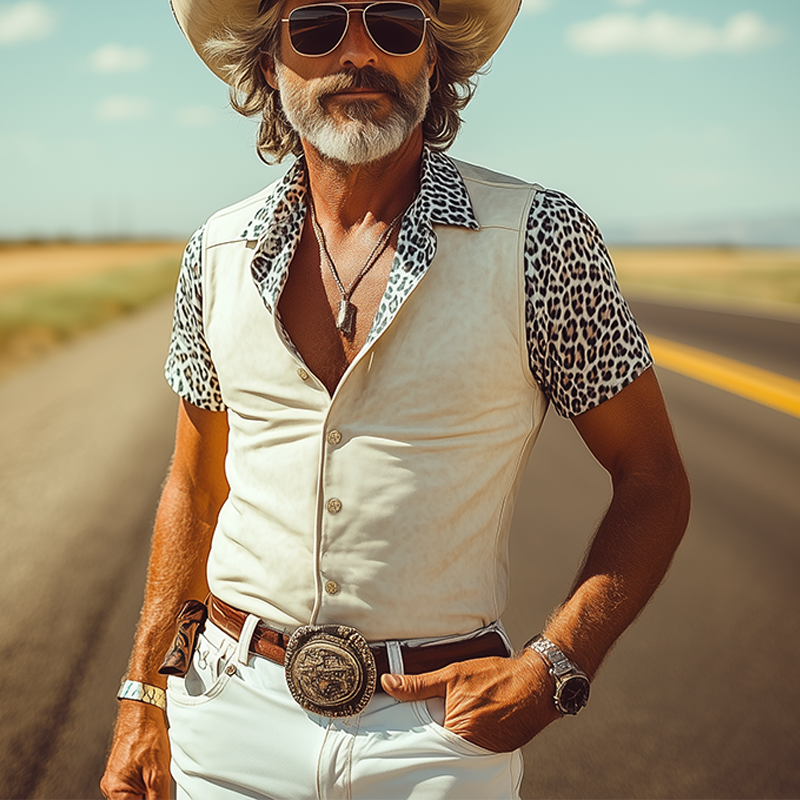 Men's Fashion Retro Western Cowboy Style Thin Suede Stitching Leopard Print Slim Short-Sleeved Shirt MTA1230E2K