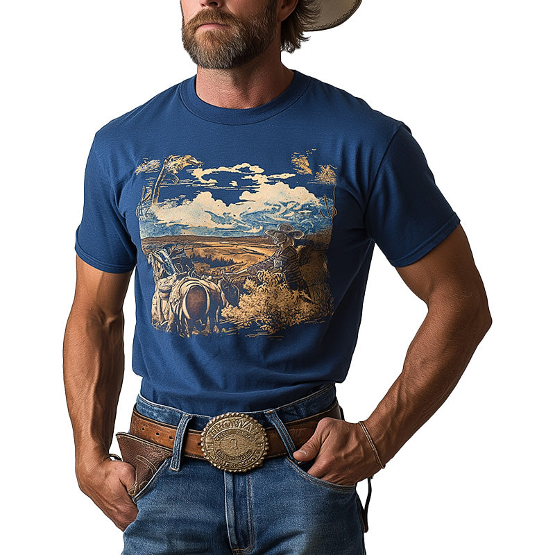 Men's Summer Western Cowboy Style Printed Cotton Blended Short Sleeve T-Shirt MTA2996D5P