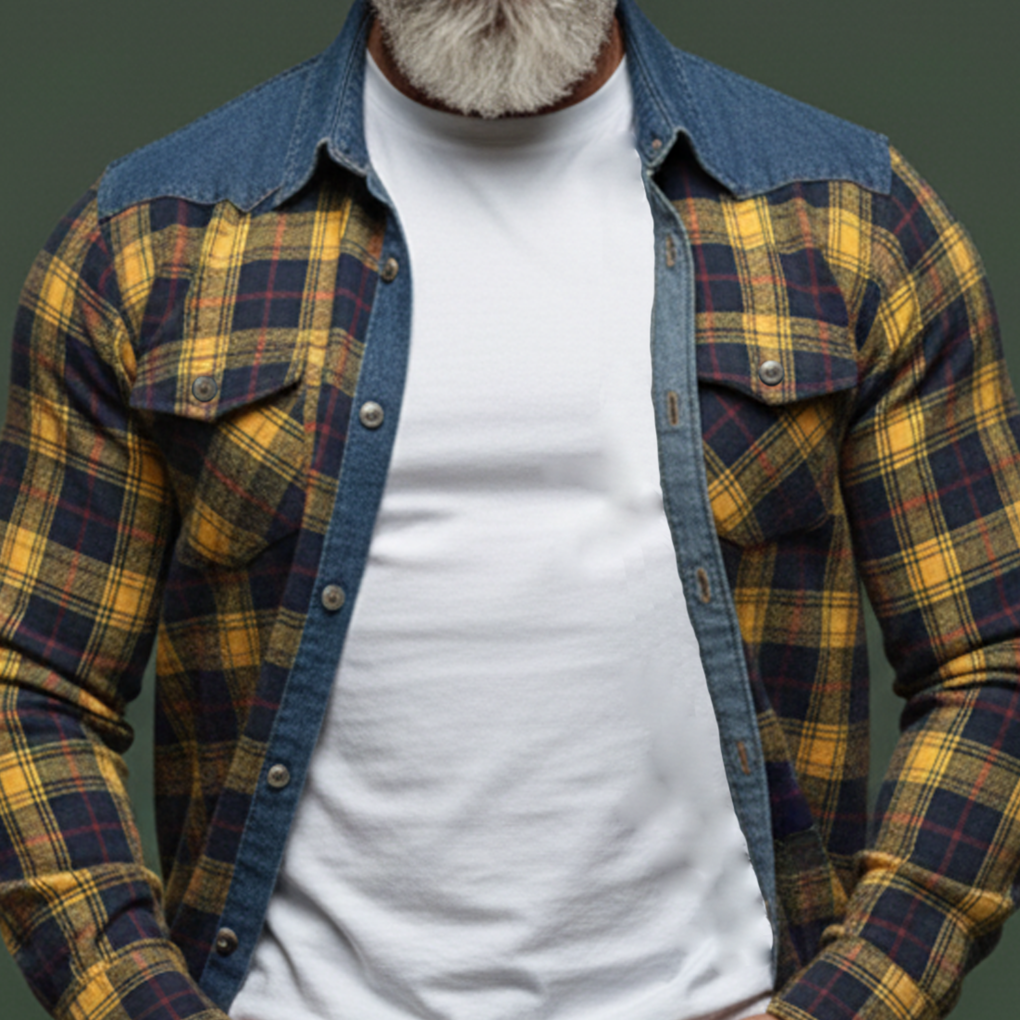 Men's Classic Casual Denim Patchwork Plaid Cotton Blend Long-sleeved Shirt MTA0961L1K