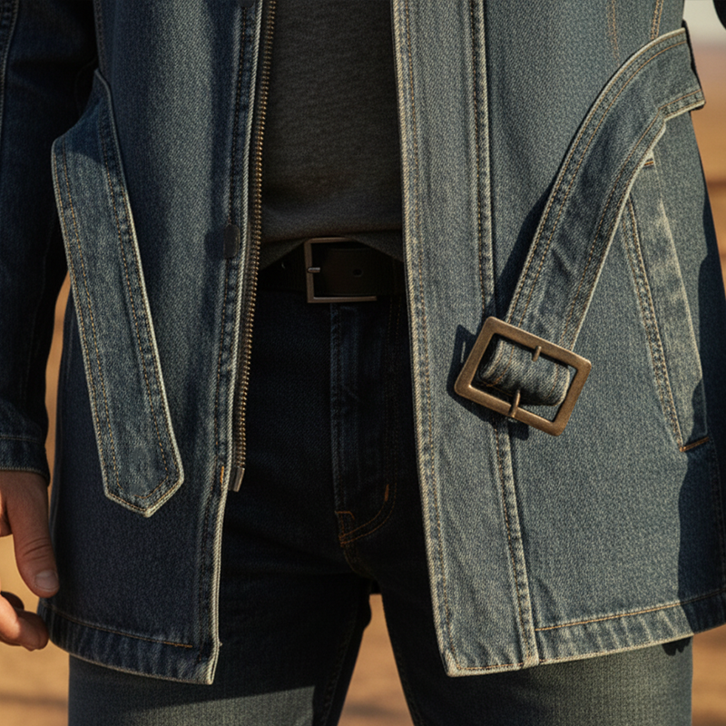 Men's Vintage Washed Denim Stand-collar Zip-up Jacket (with Belt) MTA2966L0P