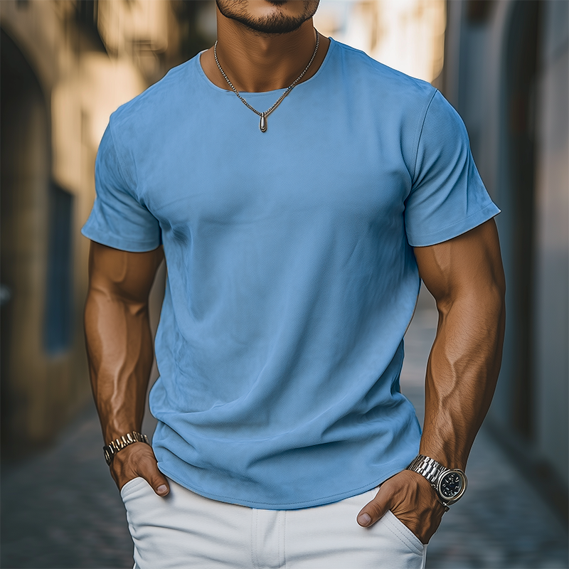 Men's Spring And Summer Casual Thin Suede Round Neck Short Sleeve T-Shirt MTA0165G7K