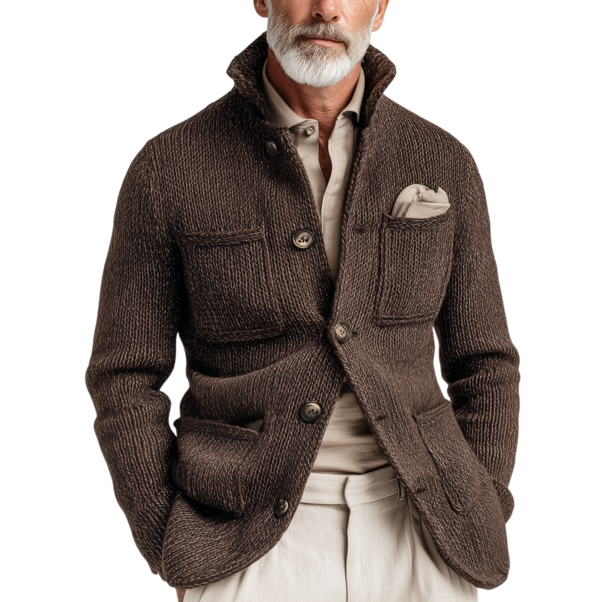 Men's Classic Casual Stand-up Collar Single-breasted Multi-pocket Knit Cardigan MTA3060J2K