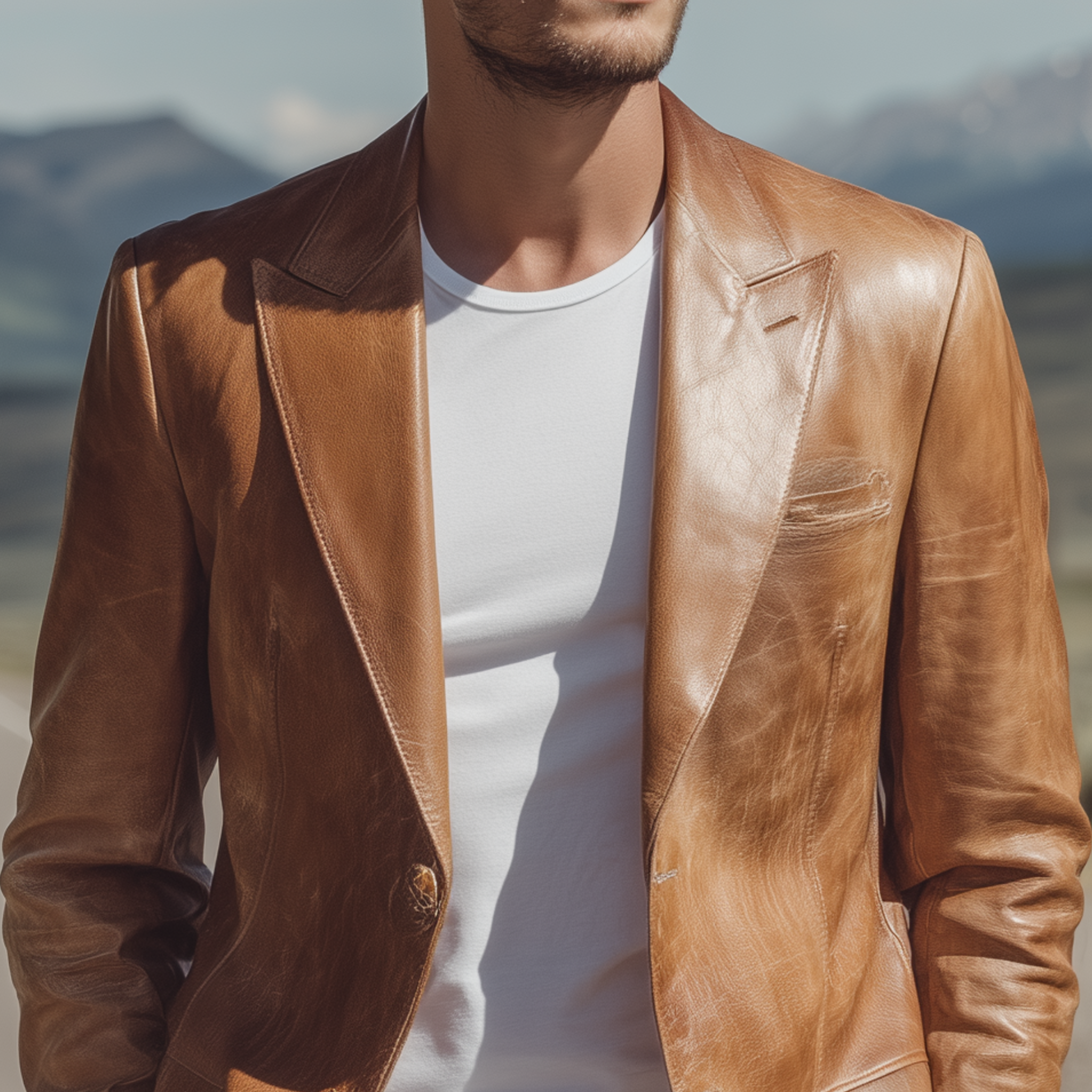 Men's Fashion Retro Textured Leather Single-breasted Slim-fit Blazer MTA0458H1K