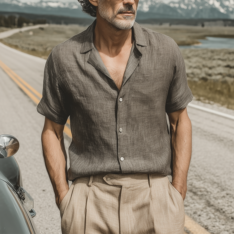 Men's Spring And Summer Classic Casual Cotton And Linen Mixed Color Texture Breathable Short-sleeved Shirt MTA1126G5K