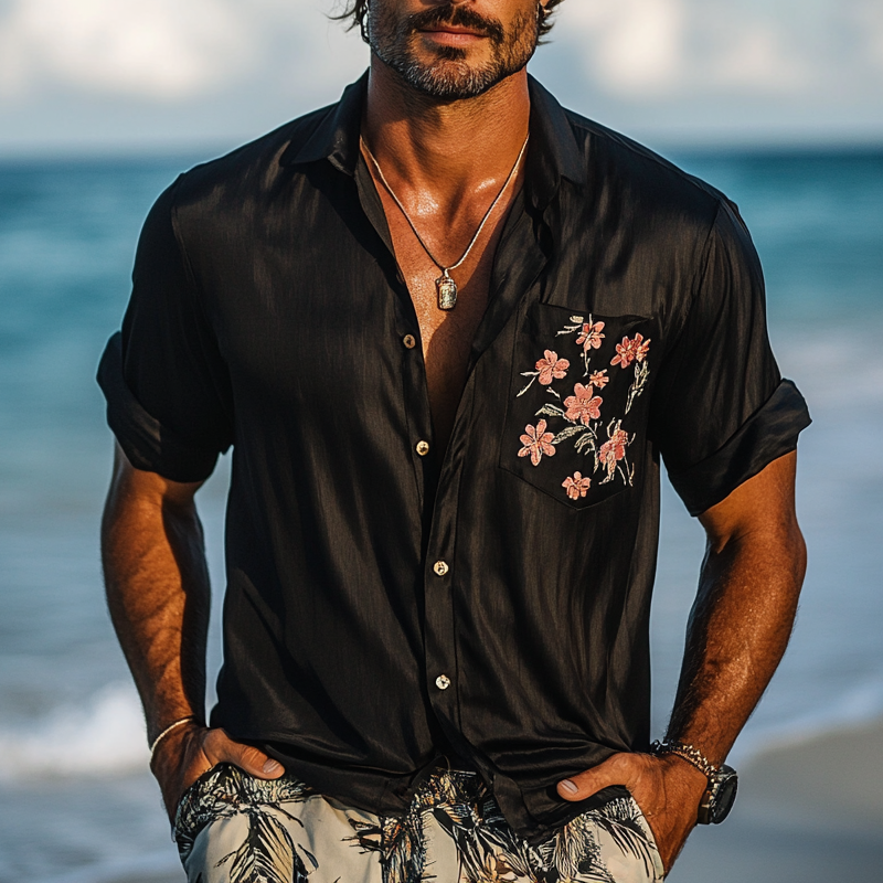 Men's Vacation Pocket Print Lapel Short Sleeve Shirt MTA1319F1X