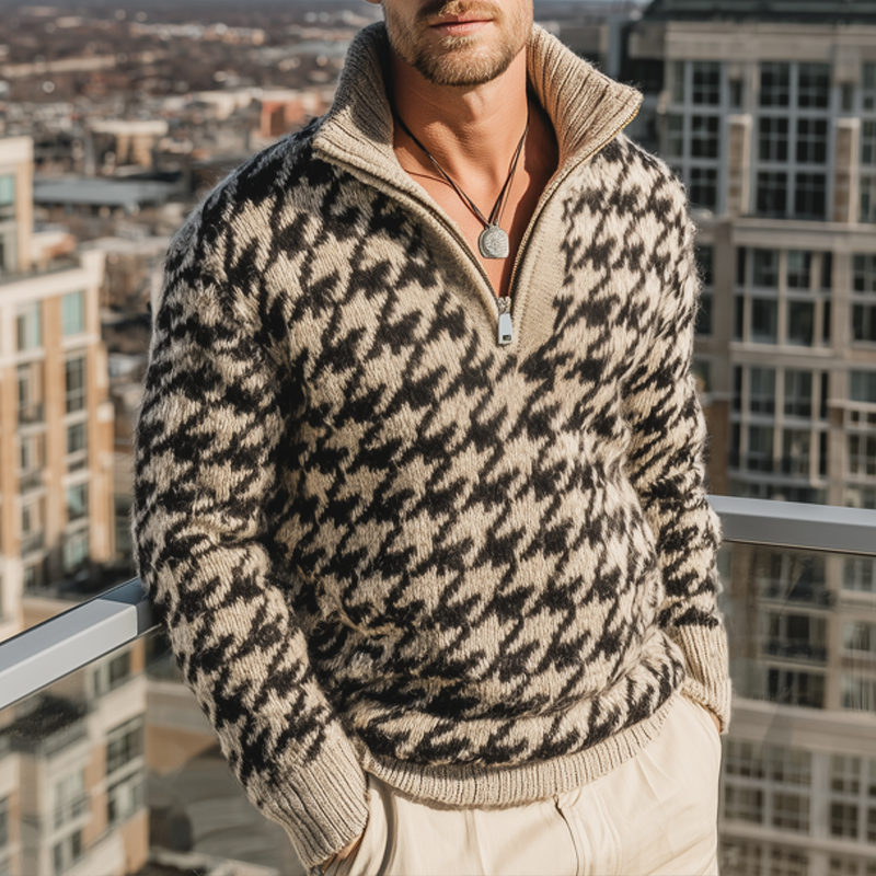 Men's Classic Houndstooth Stand Collar Quarter Zip Knit Sweater MTA1195J9U