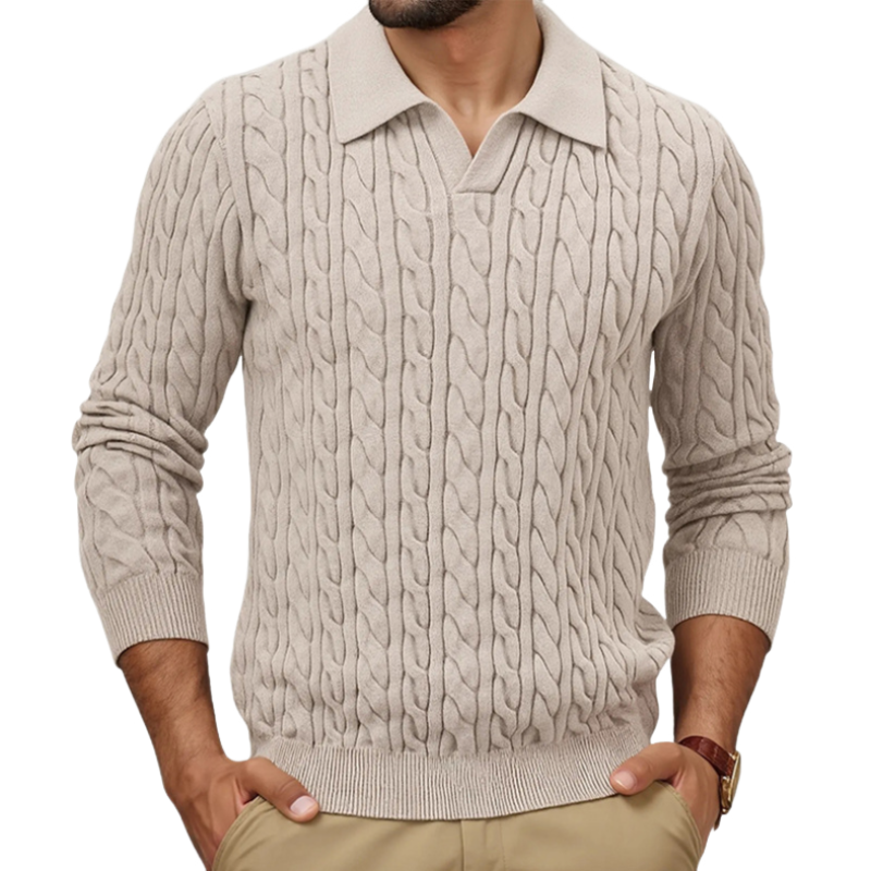 Men's Vintage Solid Color Polo Collar Single-Breasted Slim Fit Cable Knit Pullover Sweater MTA1196H9M