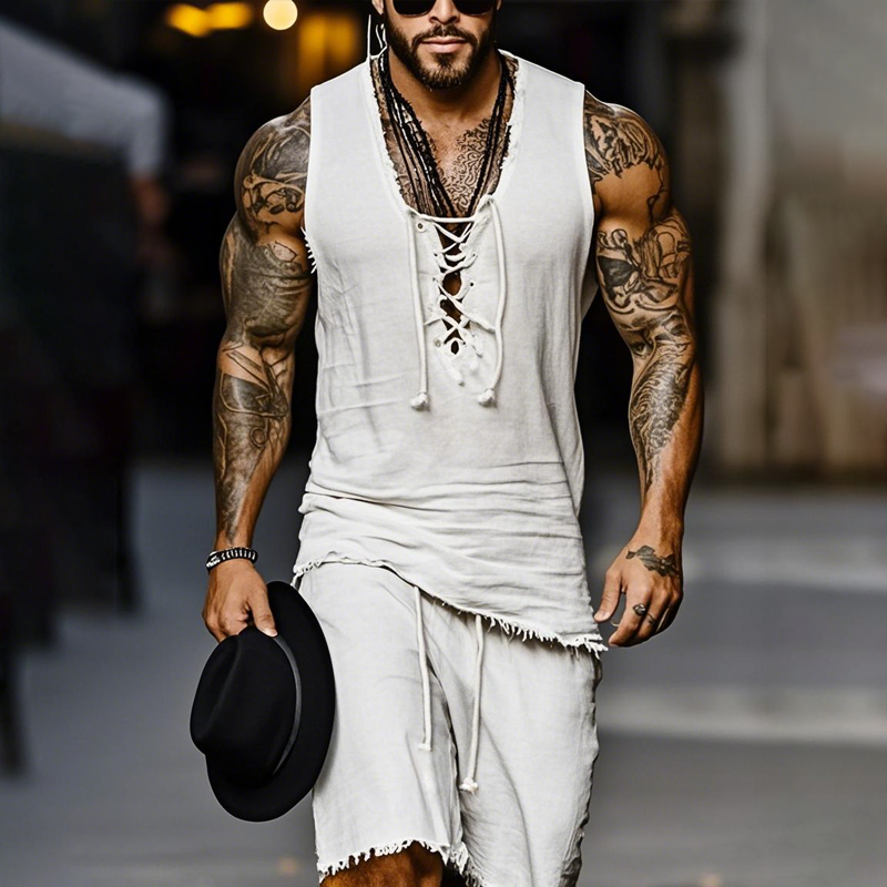 Men'S Fashion Cotton And Linen Lace-Up V Neck Sleeveless Tank Top Elastic Waist Shorts Set MTA0889E5Z