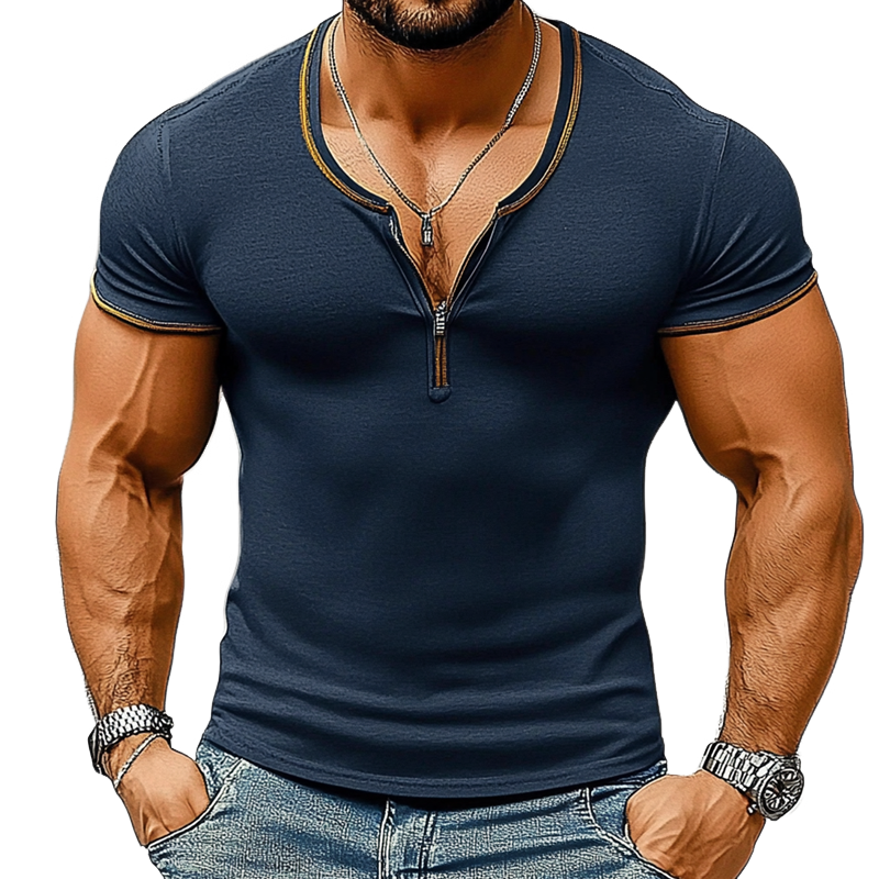 Men's Slim Fit Solid Color Cotton Blended Short Sleeve Zipper T-Shirt MTA2213G8X