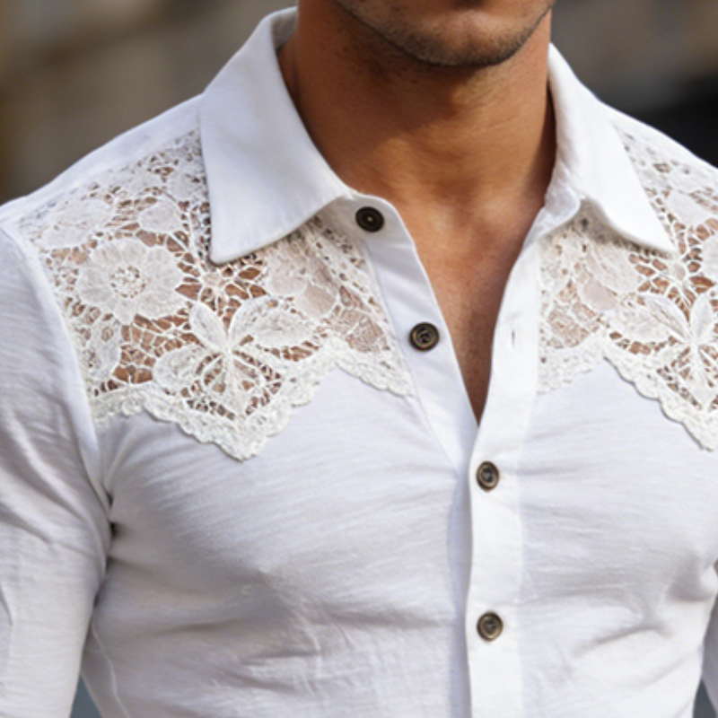Men's Retro Casual Lace-Trimmed Cotton Collar Long-Sleeve Shirt MTA2329L9TO