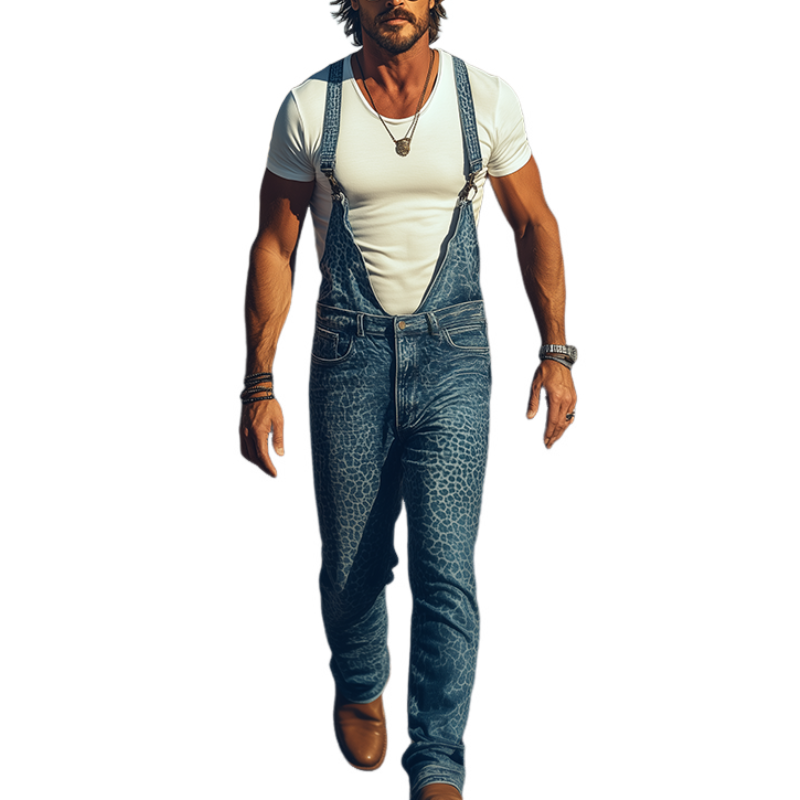 Men's Spring And Summer Fashion Personality Retro Western Cowboy Style Washed Denim Leopard Print Overalls MTA1335E2K