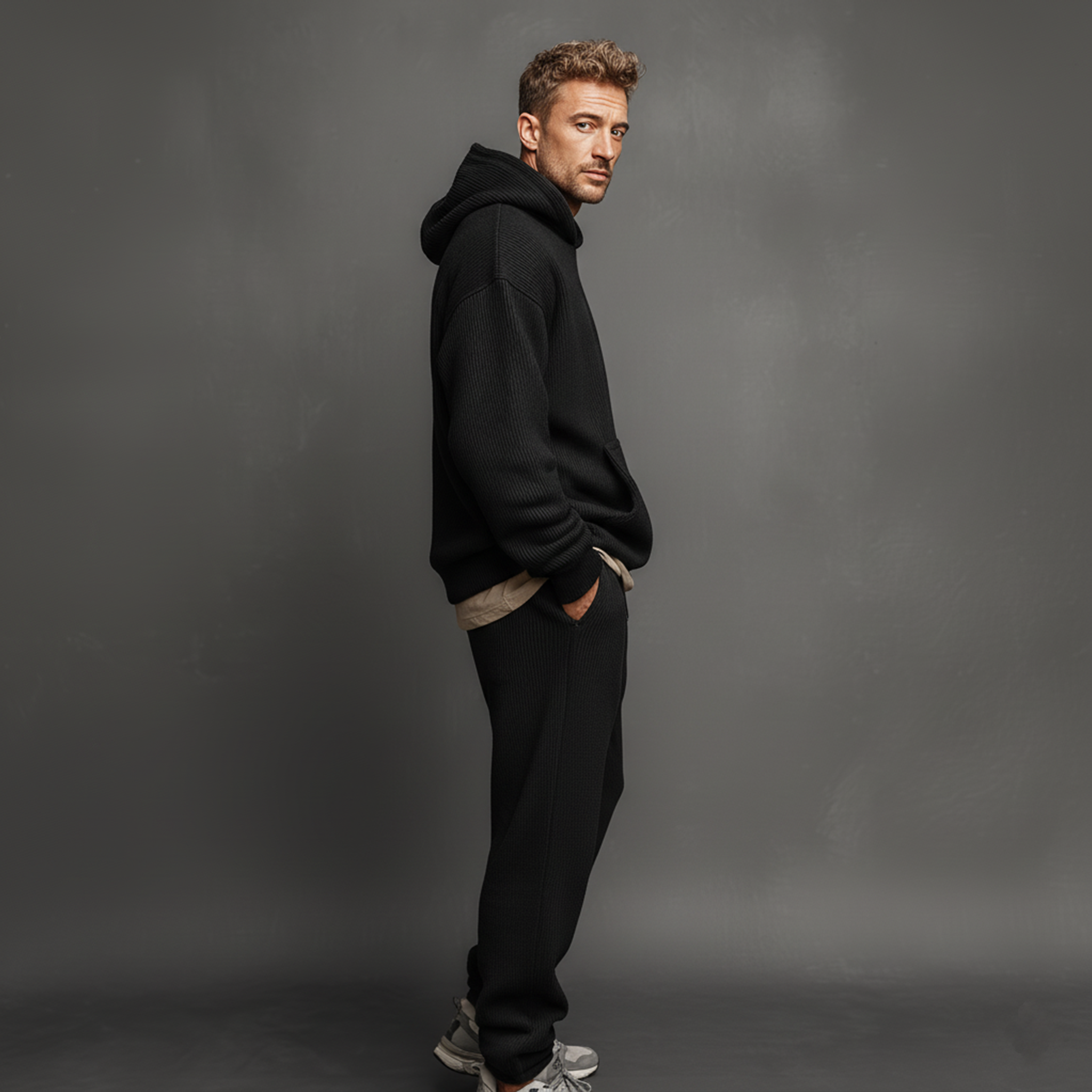 Men's Classic Casual Striped Knit Hooded Sweatshirt Elastic Waist Pants Set MTA1541J0K