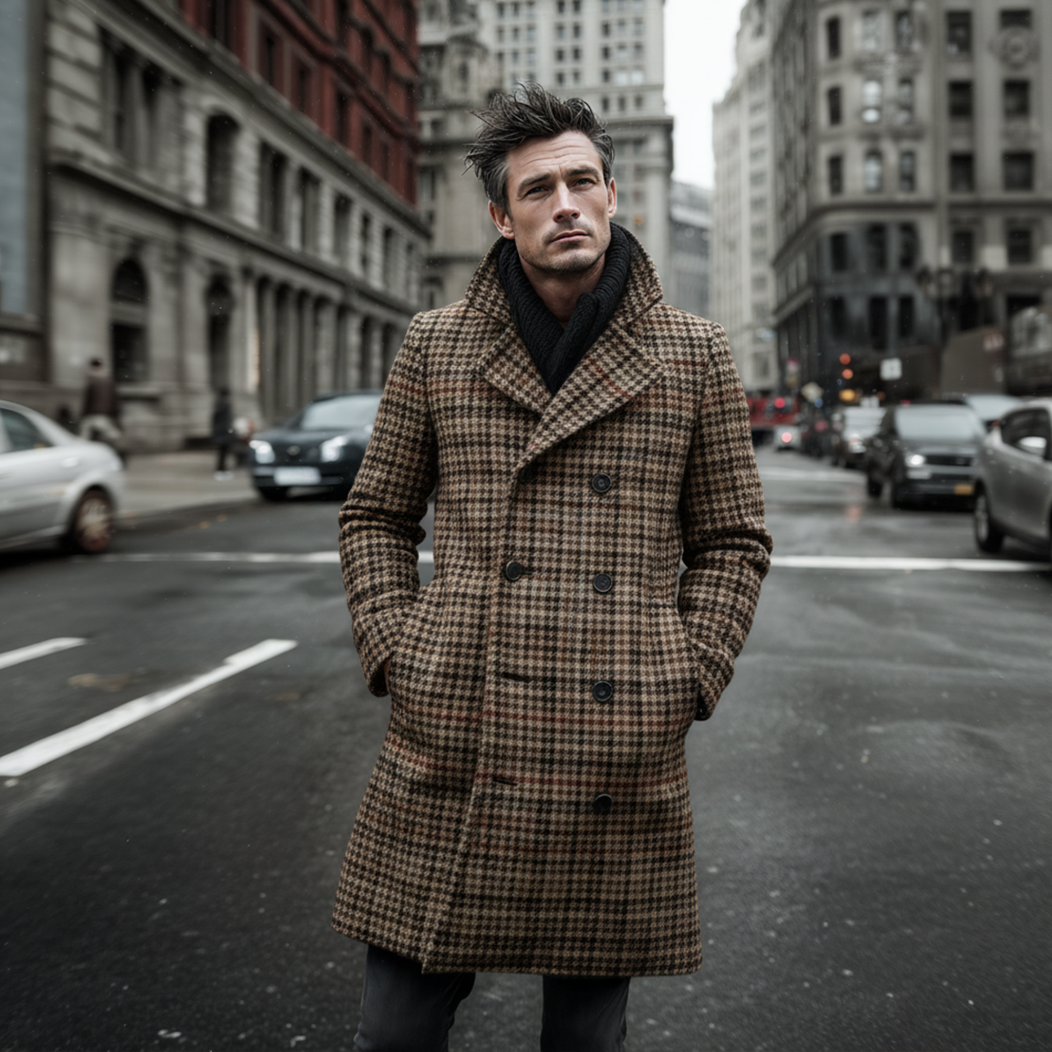 Men's Classic Vintage Faux Houndstooth Wool Double-breasted Knee-length Coat MTA2561I0K