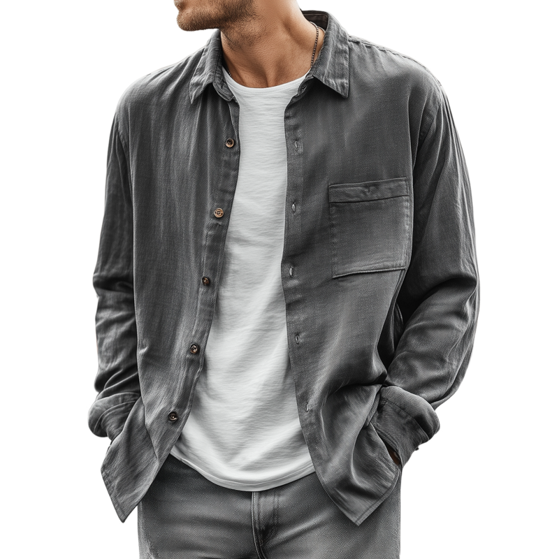 Men's Casual Solid Color Breathable Tencel Blended Lapel Patch Pocket Loose Long Sleeve Shirt MTA1707G6M