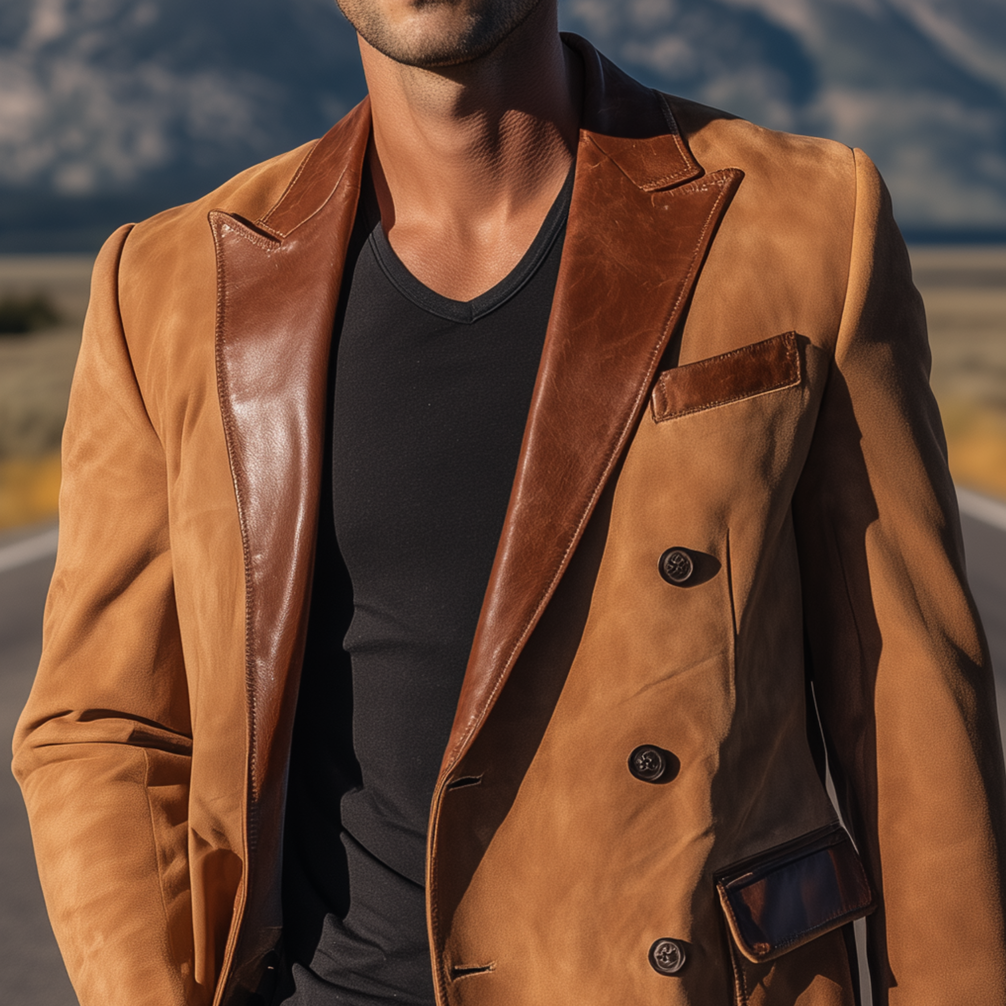 Men's Classic Retro Western Cowboy Style Suede Double-breasted Collar Splicing PU Leather Slim-fit Blazer MTA0522H1K