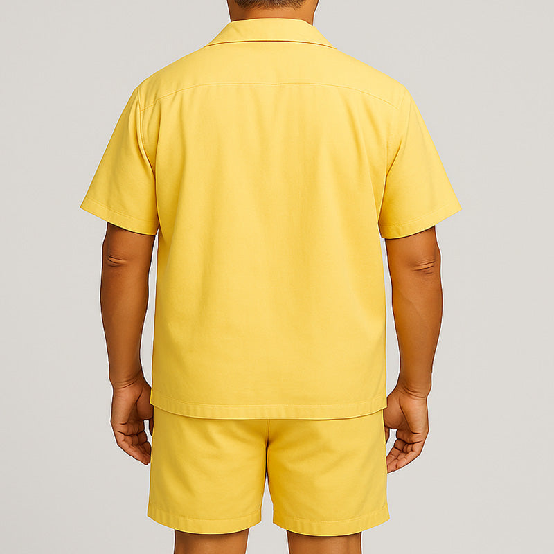 Men's Summer Fashion Solid Color Cotton And Linen Short-Sleeved Shorts Suit MTA2188E7P