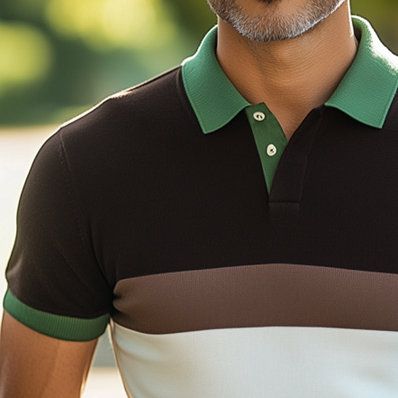 Men's Summer Classic Colorblock Polo Neck Knitted Short Sleeve T-Shirt MTA2419E5U