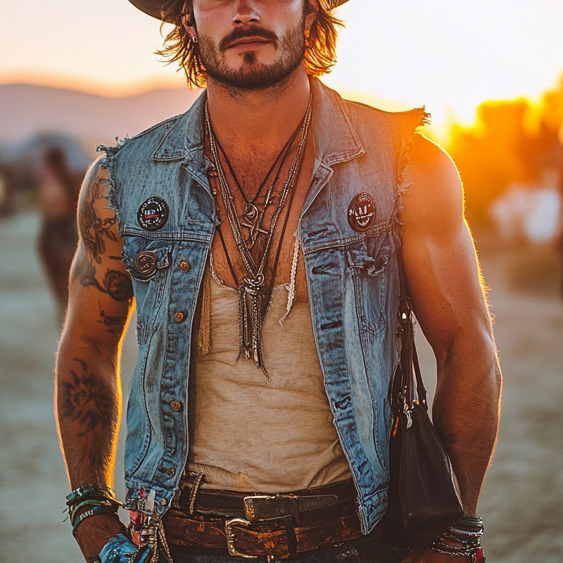Men'S Vintage Distressed Western Cowboy Style Lapel Denim Vest MTA0984E5X