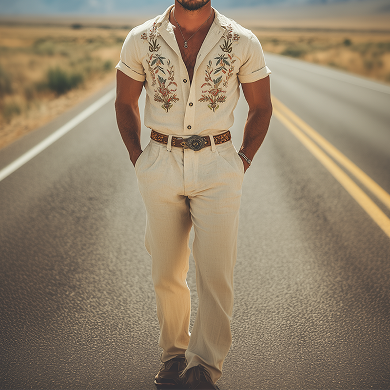 Men's Summer Fashion Retro Western Style Embroidered Cotton and Linen Jumpsuit (Without Belt) MTA2970D7K