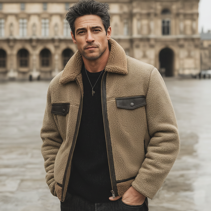 Men's Urban Warm Khaki Lambskin And PU Leather Patchwork Zip-up Jacket MTA2070K0U