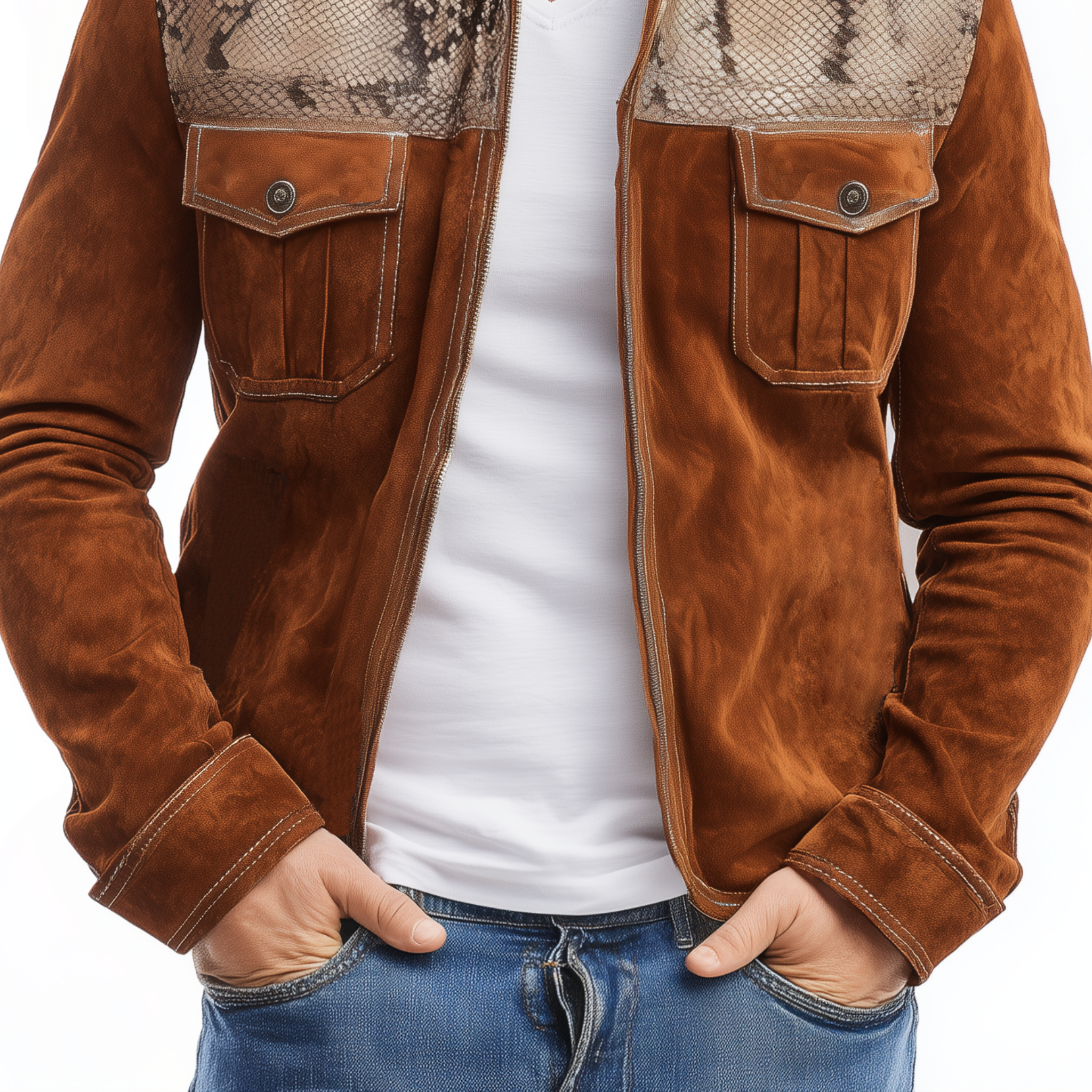Men's Classic Casual Shoulder Stitching Textured PU Leather Zipper Lapel Suede Jacket MTA0165I3K