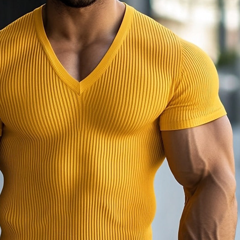 Men's Solid Color V-neck Short-sleeved Knitted Striped T-shirt MTA1956E6X