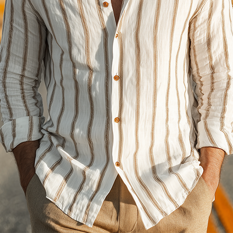 Men's Spring And Summer Classic Casual Stand-up Collar Tencel Cotton Blend Vertical Striped Long-sleeved Shirt MTA1164G9K