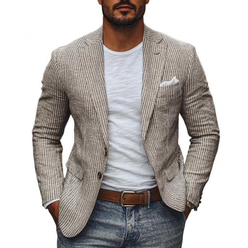 Men's Casual Breathable Linen Pinstripe Notched Lapel Single Breasted Slim Fit Blazer MTA2860D6M