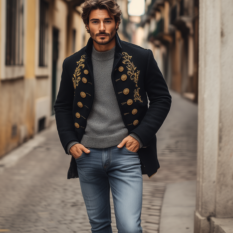 Men's Blended Stand Collar Gold Embroidery Double-breasted Jacket MTA2301I6X