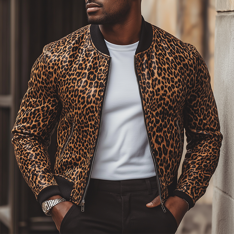 Men's Winter Retro Leopard Print Faux Leather Zip-Up Jacket MTA1053L7P