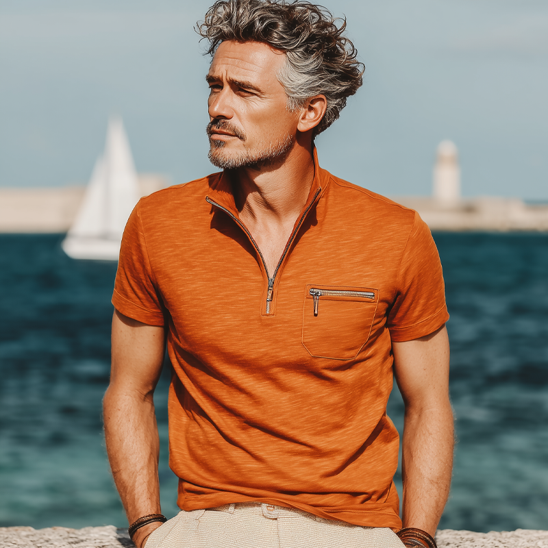 Men's Business Cotton Stand Collar Quarter Zip Short Sleeve T-Shirt MTA0584G0U