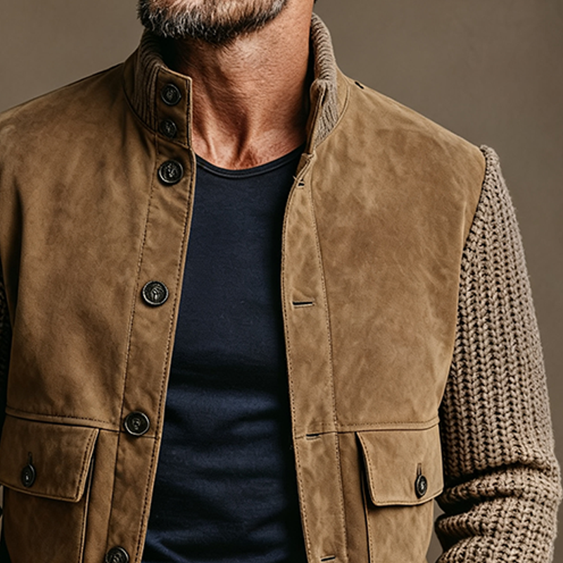 Men's Faux Suede Patchwork Knitted Sleeve Stand Collar Jacket MTA1146K6X