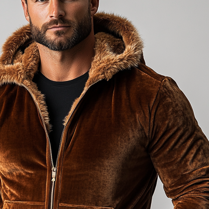 Men's Solid Color Velvet Patchwork Faux Wool Hooded Zip-up Jacket MTA0779K0X