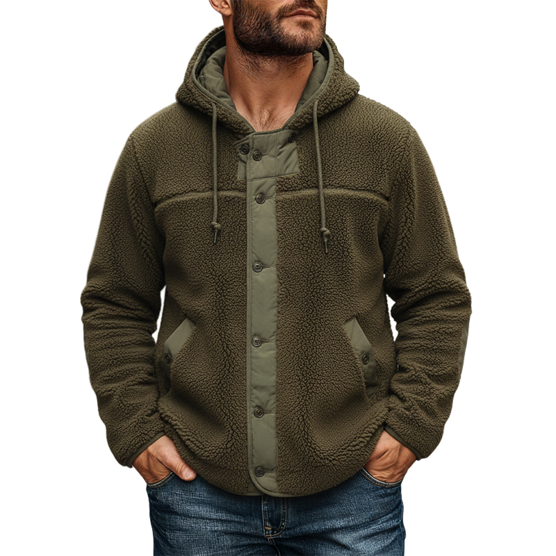 Men's Solid Color Fleece Patchwork Hoodie Button Jacket MTA1919K5X
